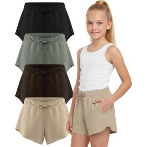 imagePURE CHAMP Girls Shorts 4 Pack Girls Athletic Shorts UltraSoft Youth Quick Dry Dolphin with Drawstring Size Toddler 16Black  Beige   Brown  Sage
