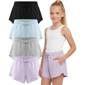 imagePURE CHAMP Girls Shorts 4 Pack Girls Athletic Shorts UltraSoft Youth Quick Dry Dolphin with Drawstring Size Toddler 16Black  Light Heather Gray  Baby Blue  Lilac